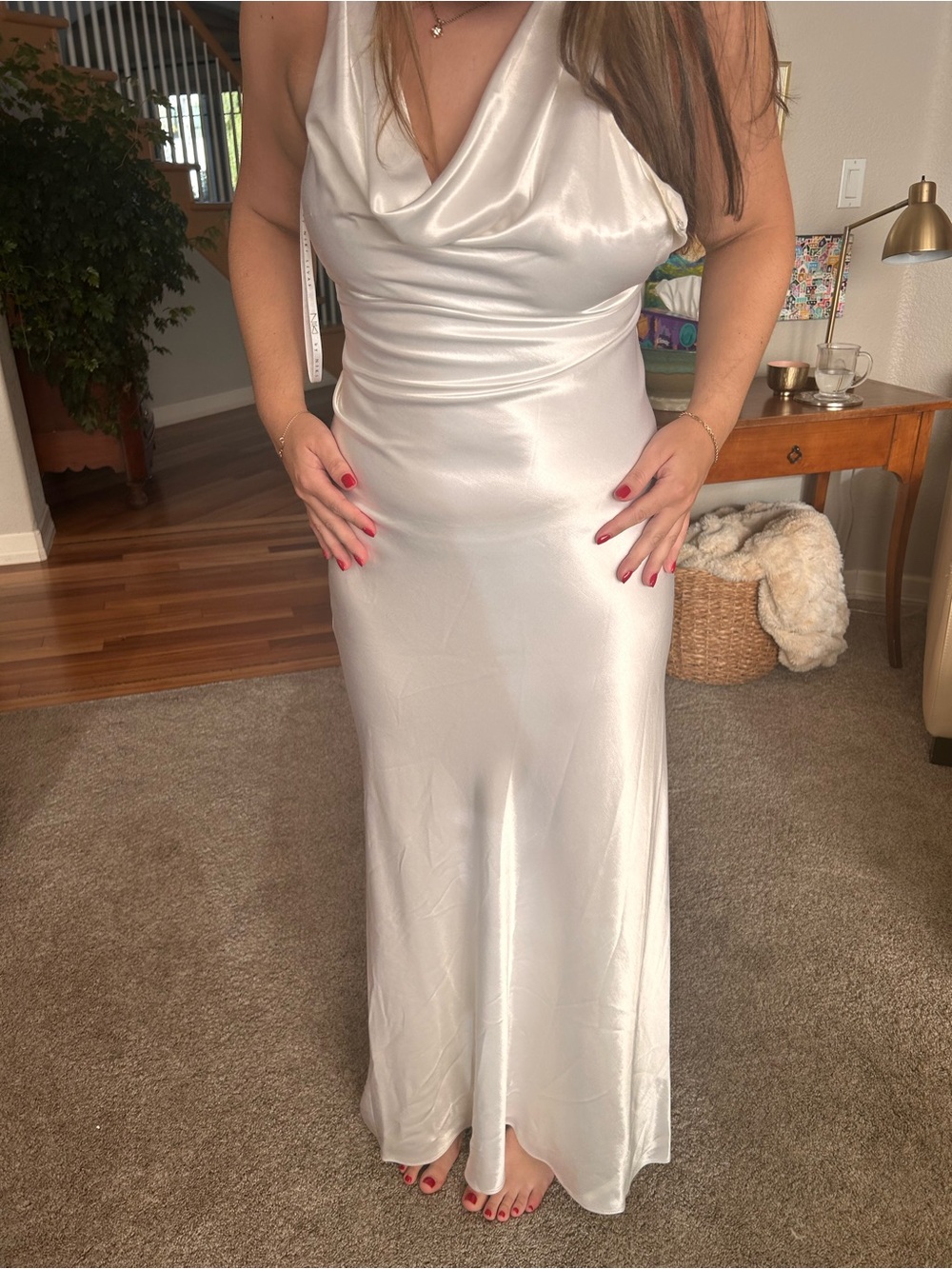 VTG Niki Livas white Satin Floor Length w Train Drape Neck Gown. Bridal. Formal.